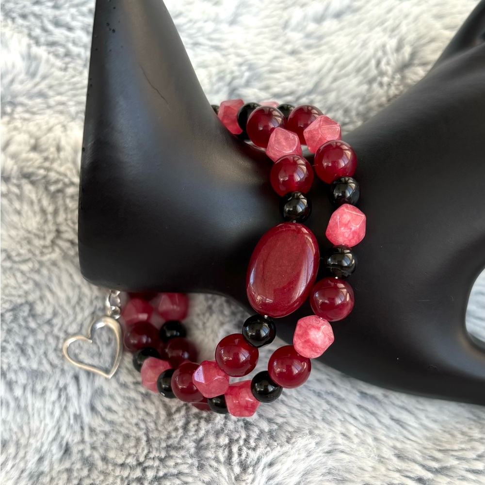 Obsidian & Red Stone Heart Disease Awareness Bracelet
